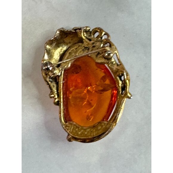 Vintage Goldplated Amber Brooch 2" Oval Shape With Intricate Design - Picture 3 of 4